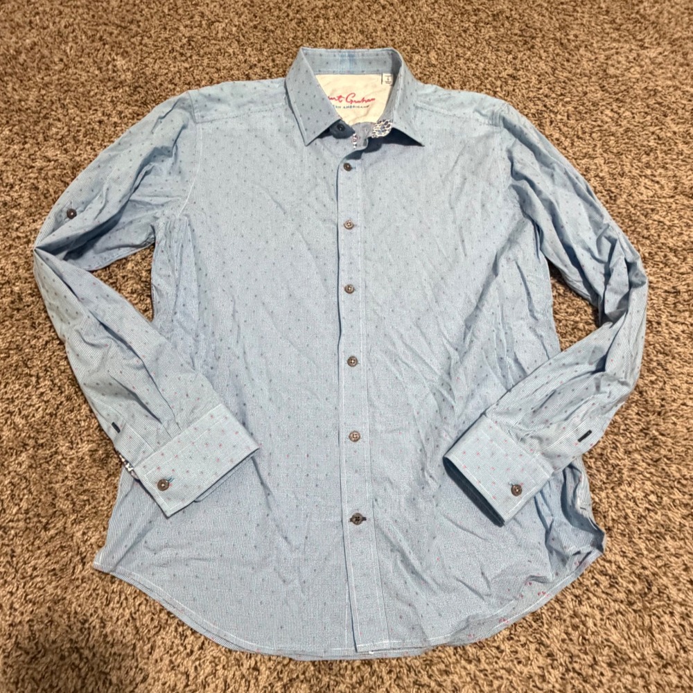 Robert Graham Mens Tailored Fit Blue Pink Micro‎ Check Button Down Shirt Small